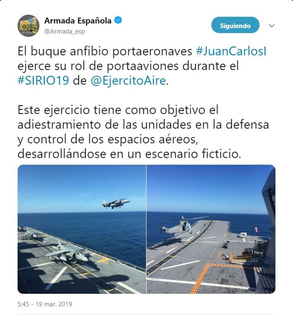 Tweet de la Armada sobre la participación del 'Juan Carlos I' en el ejercicio 'Sirio 19'.
