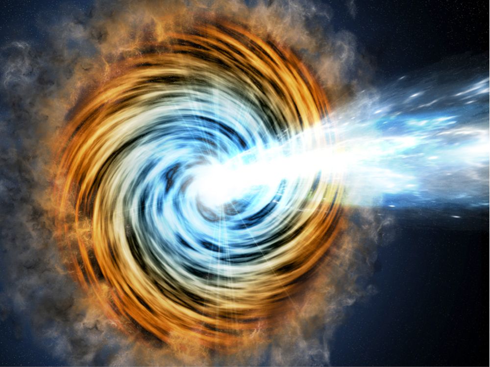 Imagen artística de una galaxia que alberga un agujero negro en su centro, denominada blazar. Este tipo de objetos son los responsables de la mayor parte de los rayos gamma emitidos fuera de nuestra galaxia. Crédito: M. WeissCfA