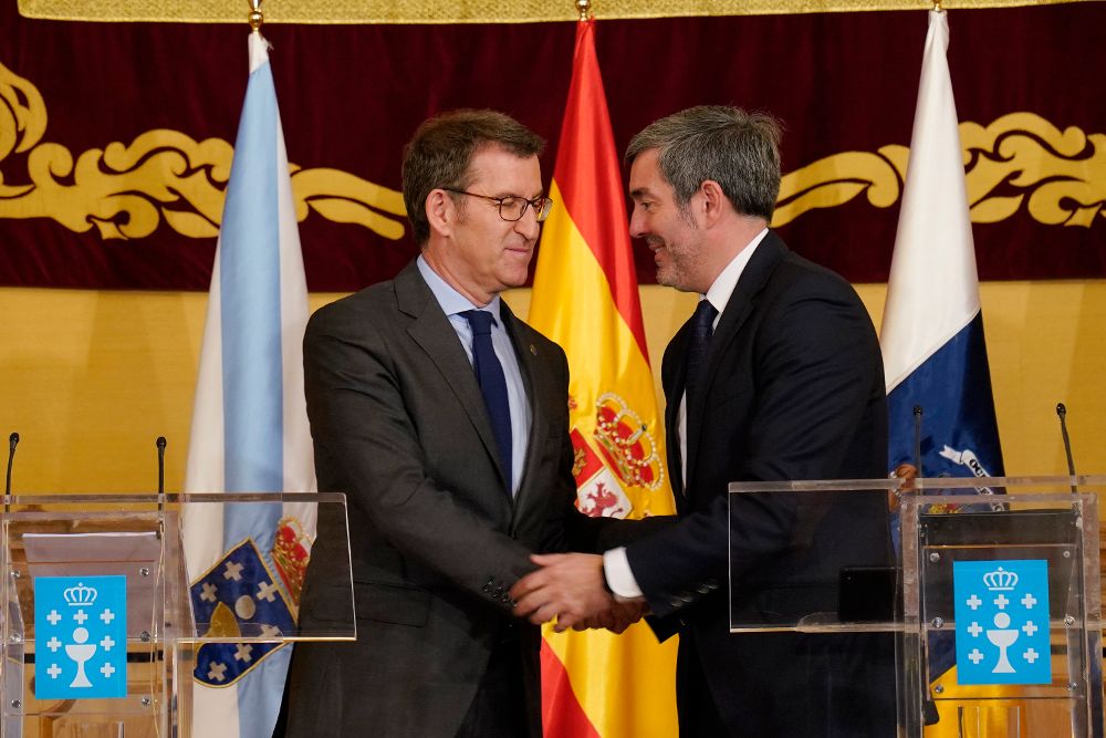 Reunión en Santiago de Compostela del presidente de la Xunta, Alberto Núñez Feijóo, con el presidente de Canarias, Fernando Clavijo el miércoles 3 de abril.