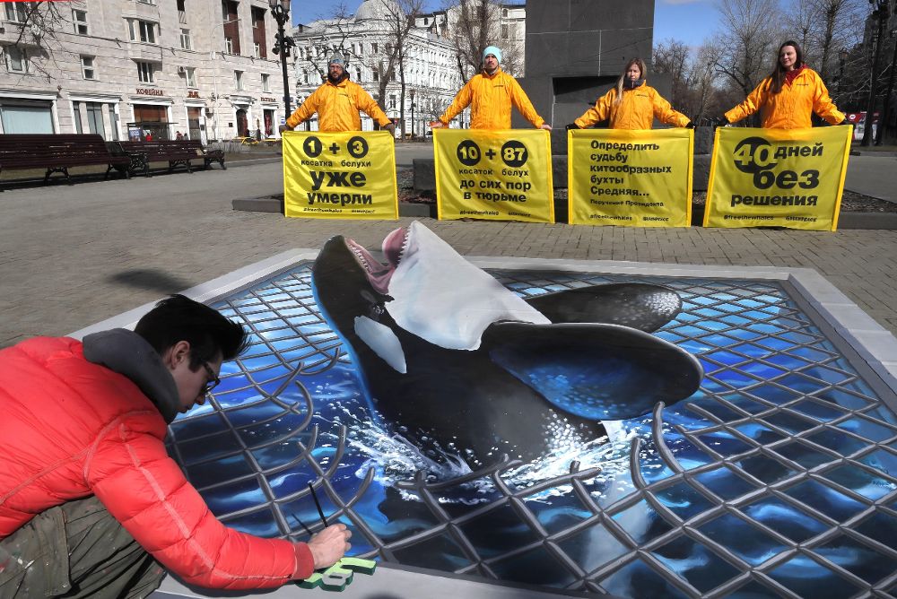 Un hombre realiza una obra urbana en 3D mientras activistas de la organización ecologista Greenpeace participan en una protesta para pedir la liberación de casi un centenar de orcas y belugas que se encuentran en la mayor cárcel de ballenas del mundo, el mar de Ojotsk.